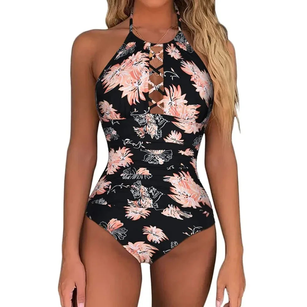 Hot Summer One Piece Swimsuit Sexy Floral Printed Women Halter Lace Up Swimwear Bathing Suit - Allen-Fitness