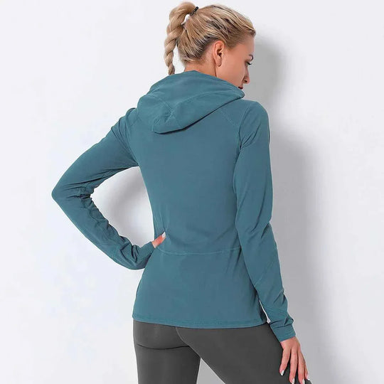 Women Autumn Zipper Design Long Sleeve Gym Fitness Running Jogger Outfit With Hood - Allen-Fitness