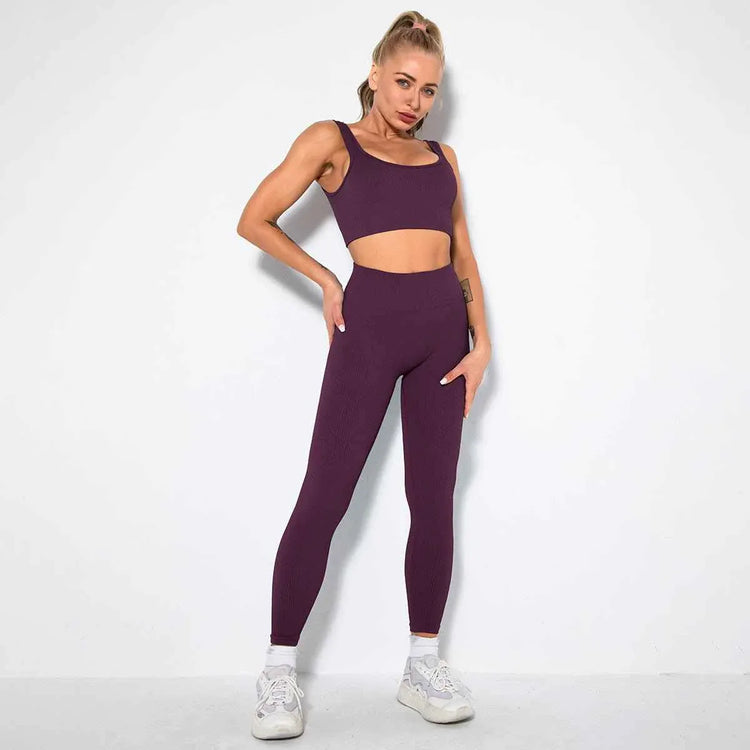 Seamless Sexy 2 Piece Active Wear Set - Women's U V Neck Gym Leggings & Top for Yoga & Fitness - Allen-Fitness