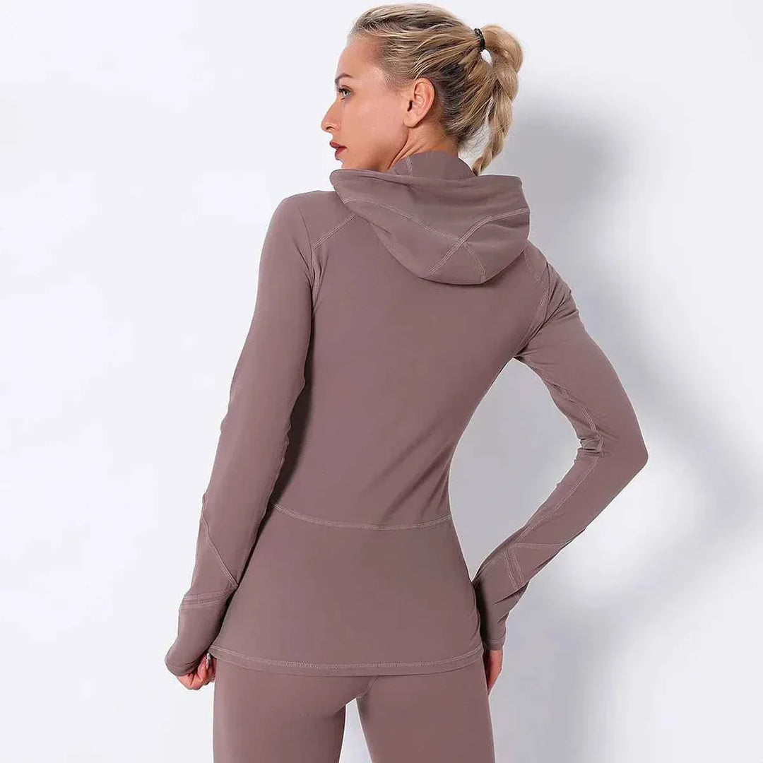 Women Autumn Zipper Design Long Sleeve Gym Fitness Running Jogger Outfit With Hood - Allen-Fitness