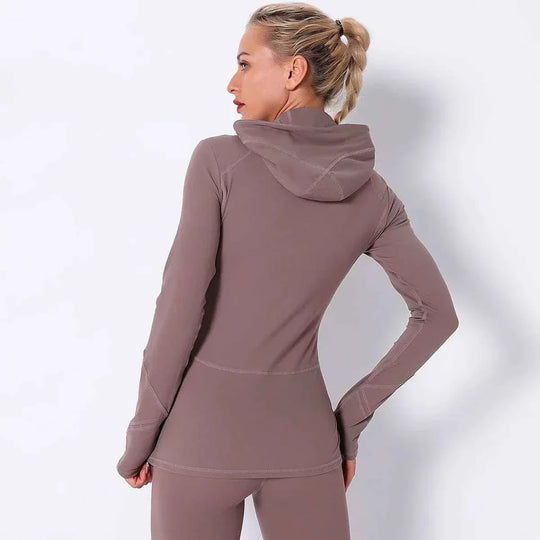 Women Autumn Zipper Design Long Sleeve Gym Fitness Running Jogger Outfit With Hood - Allen-Fitness