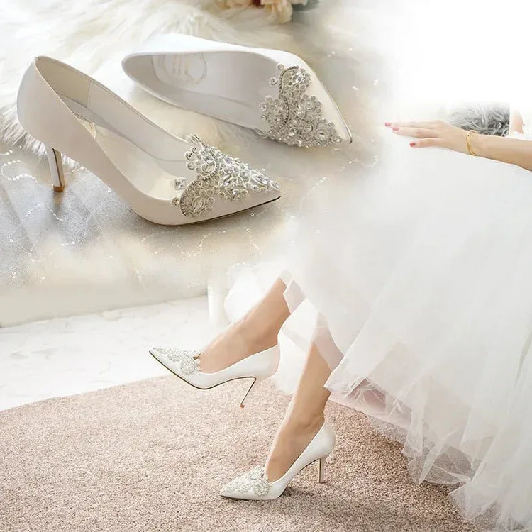 Women Wedding Shoes Point Toe Rhinestone Buckle Stilettos Ladies Banquet Women Pump Spring Autumn 7cm-9cm Satin High Heel Pumps - Allen-Fitness