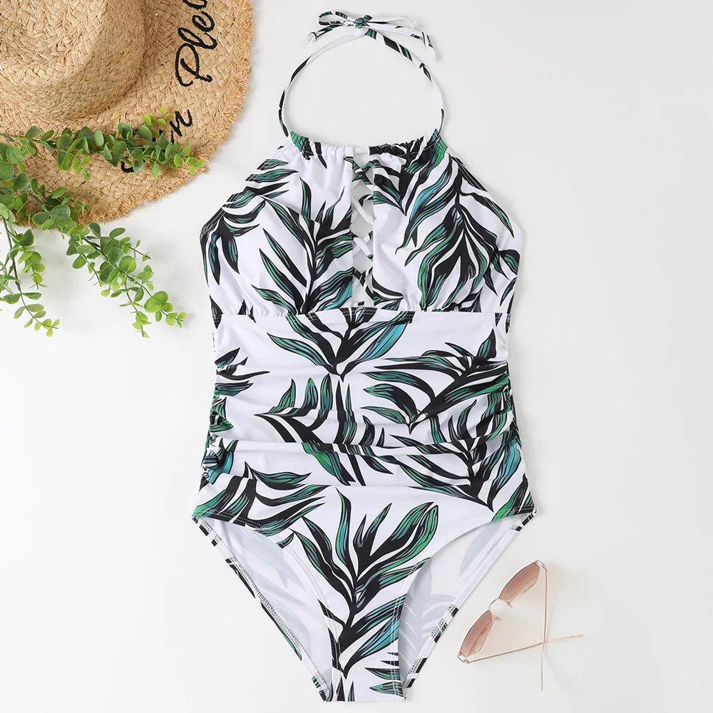 Hot Summer One Piece Swimsuit Sexy Floral Printed Women Halter Lace Up Swimwear Bathing Suit - Allen-Fitness