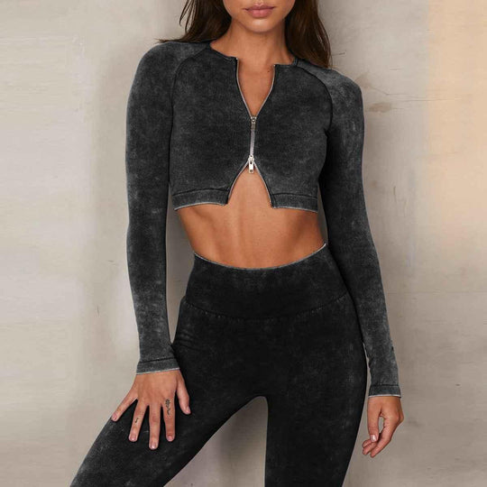 women workout zipper long sleeve tops suit halter sport bra and shorts 5 piece yoga leggings set - Allen-Fitness