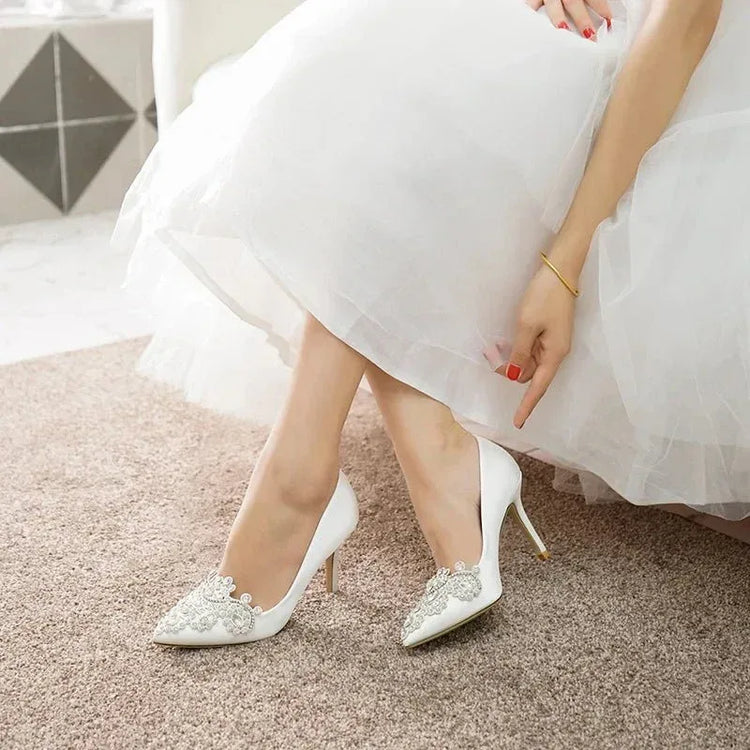 Women Wedding Shoes Point Toe Rhinestone Buckle Stilettos Ladies Banquet Women Pump Spring Autumn 7cm-9cm Satin High Heel Pumps - Allen-Fitness