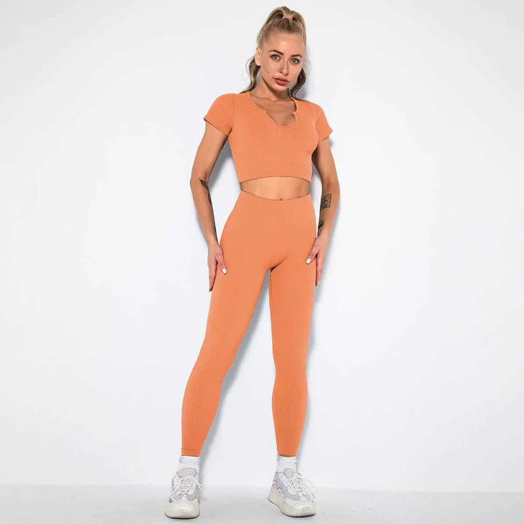 Seamless Sexy 2 Piece Active Wear Set - Women's U V Neck Gym Leggings & Top for Yoga & Fitness - Allen-Fitness