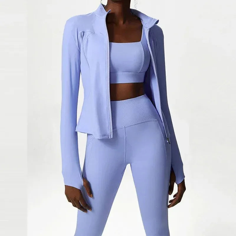 Plus Size Three-piece Athletic Wear Woman Xxl Size Sports Bra And Leggings Ladies Sexy Zipper Jacket Fitness Clothes Workout Set - Allen-Fitness