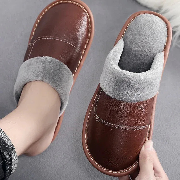 Winter genuine leather mens flip flops with custom logo leather slippers - Allen-Fitness
