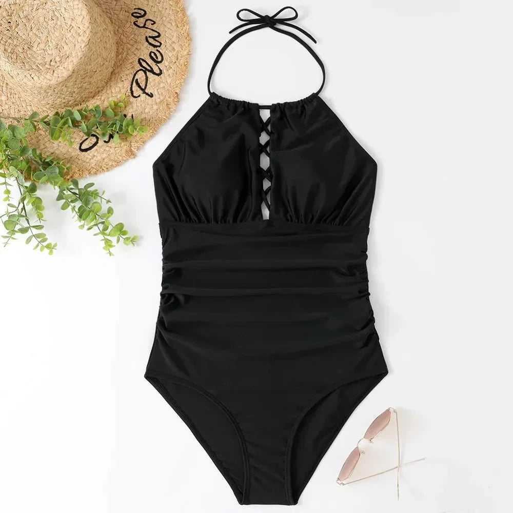 Hot Summer One Piece Swimsuit Sexy Floral Printed Women Halter Lace Up Swimwear Bathing Suit - Allen-Fitness