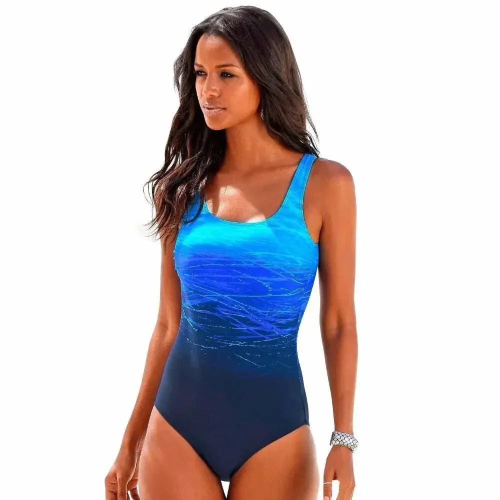 Summer Classic Women Swimwear Plus Size Gradient Cross Back One Piece Swimsuit - Allen-Fitness