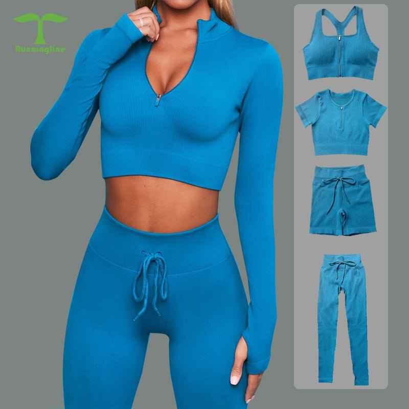 Front Zip Long Sleeve Crop Top Seamless Ribbed Texture Full Length High Waist Workout Fitness Legging workout clothes set - Allen-Fitness
