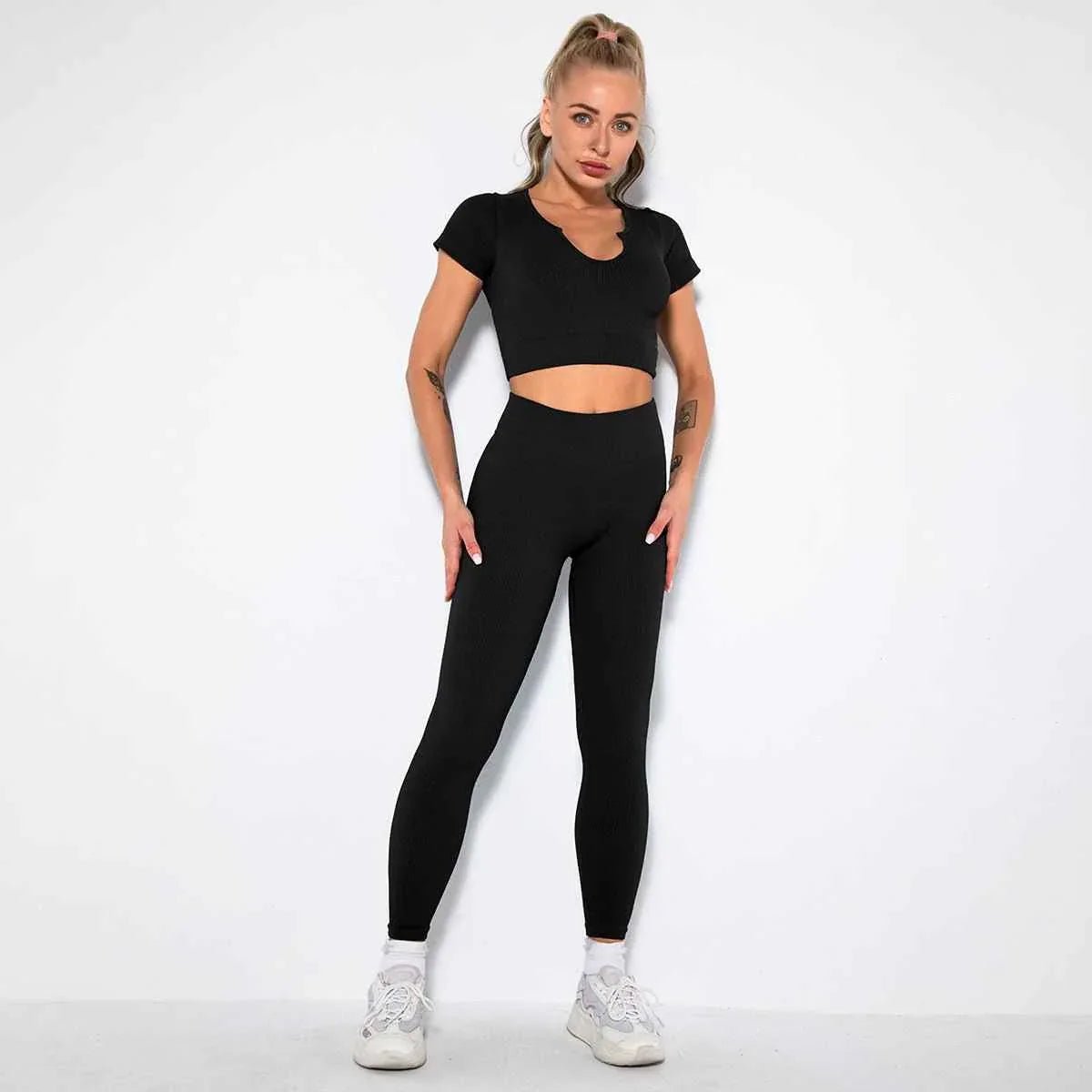 Seamless Sexy 2 Piece Active Wear Set - Women's U V Neck Gym Leggings & Top for Yoga & Fitness - Allen-Fitness