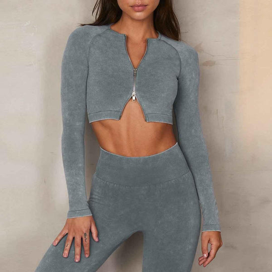 women workout zipper long sleeve tops suit halter sport bra and shorts 5 piece yoga leggings set - Allen-Fitness