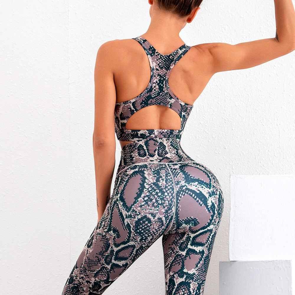 Snake Print High Waist Compression Workout Leggings and Bra Set - Yoga Clothing - Allen-Fitness