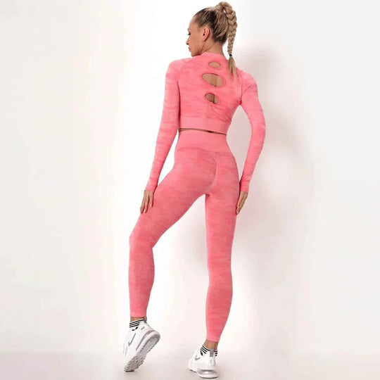 Women’s Camouflage Activewear Yoga Suit - 2 Pc Backless Long Sleeve Top &amp; Seamless Leggings Set - Workout Clothes for Women - Allen-Fitness