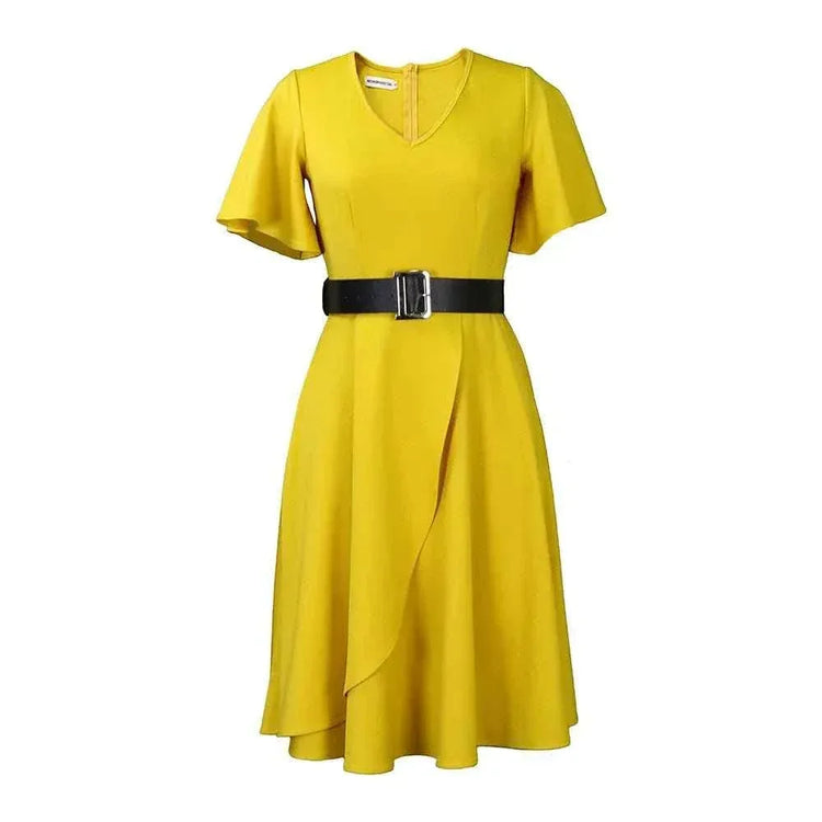 V Neck High Waist Loose Plus Size Dress with Asymmetric Hem - Allen-Fitness