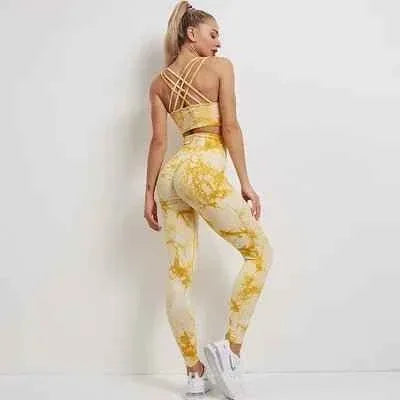 Yoga set Womens Best Selling High Waist Leggings And Bra Top Tie Dye seamless yoga set - Allen-Fitness
