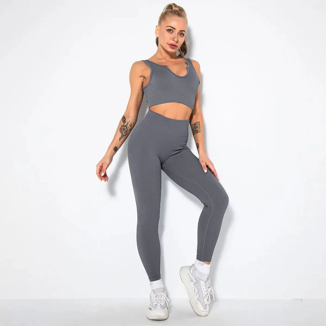 Summer Seamless Fitness Set - Sexy UV Neck Top With Leggings Activewear 2 Piece Women’s Gym Outfit - Allen-Fitness
