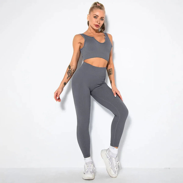 Summer Seamless Fitness Set - Sexy UV Neck Top With Leggings Activewear 2 Piece Women’s Gym Outfit - Allen-Fitness