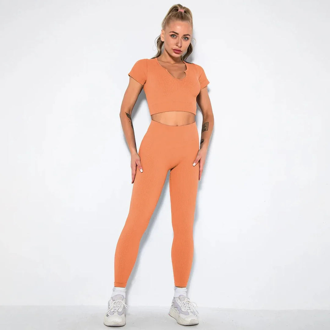Summer Seamless Fitness Set - Sexy UV Neck Top With Leggings Activewear 2 Piece Women’s Gym Outfit - Allen-Fitness