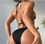 Summer Women Solid Sexy Ladies Split Nylon Swimsuit Beach Wearing Swimwear Two Piece Triangle Thong Ribbed Micro Bikini Set - Allen-Fitness