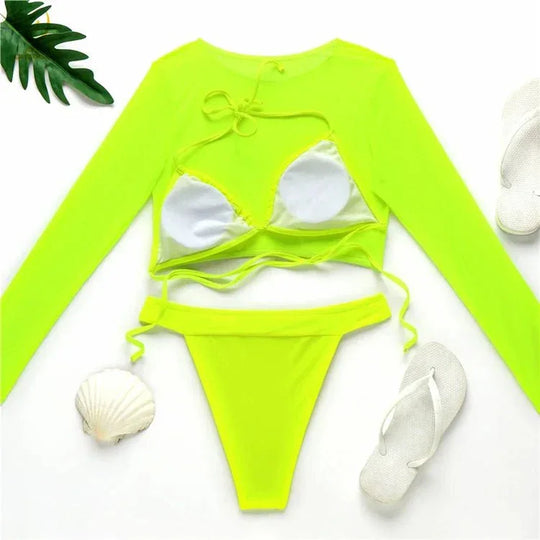 Three-Piece Plus Size Swimwear Set with Long-Sleeve Cover-Up - Allen-Fitness