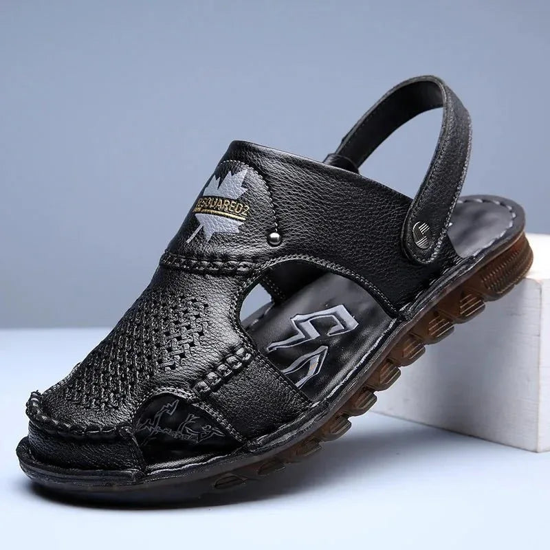 Men Leather Open-Toe Sandals - Dual Use, Black - Sizes BRA36 to BRA46 - Allen-Fitness