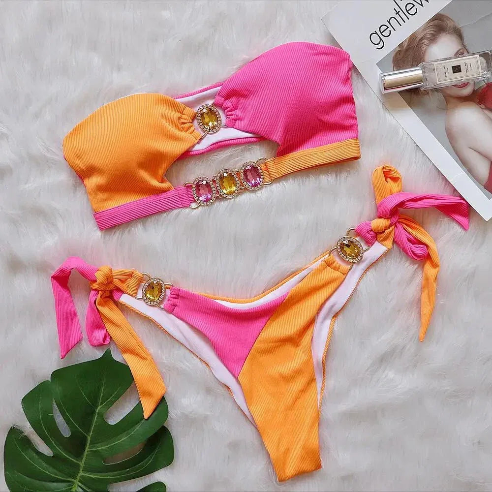 Shiny Crystal Diamonds 2-Piece Women Swimwear Set with Rhinestone Tie - Allen-Fitness