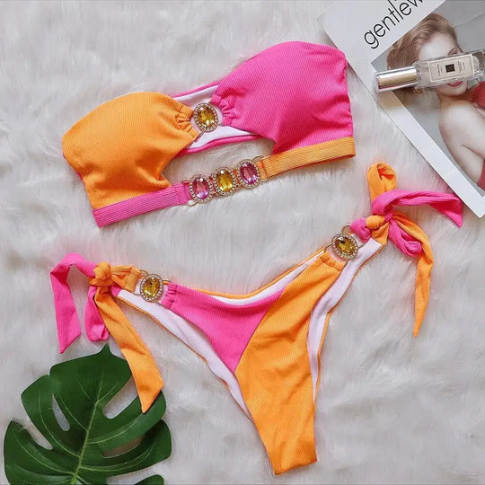 Shiny Crystal Diamonds 2-Piece Women Swimwear Set with Rhinestone Tie - Allen-Fitness