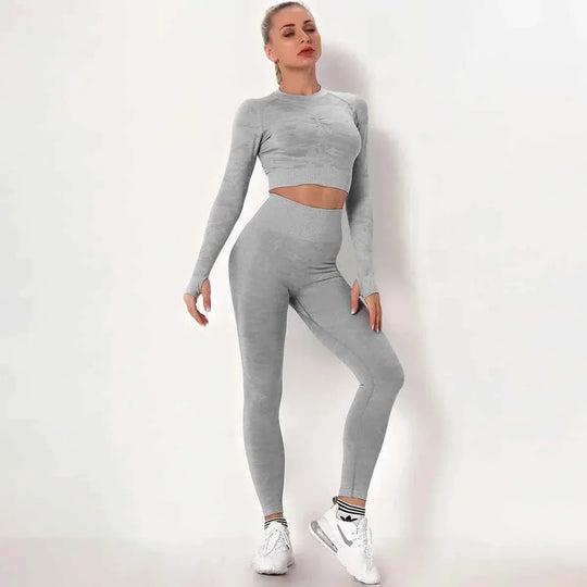 Women’s Camouflage Activewear Yoga Suit - 2 Pc Backless Long Sleeve Top &amp; Seamless Leggings Set - Workout Clothes for Women - Allen-Fitness