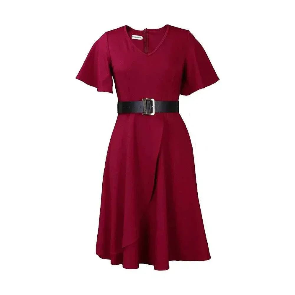 V Neck High Waist Loose Plus Size Dress with Asymmetric Hem - Allen-Fitness
