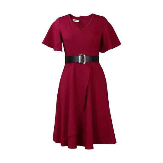 V Neck High Waist Loose Plus Size Dress with Asymmetric Hem - Allen-Fitness