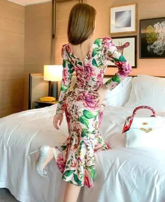 Spring Women's Retro Mid-Length Dress - Long Sleeve, Printed, Tight & Casual - Allen-Fitness