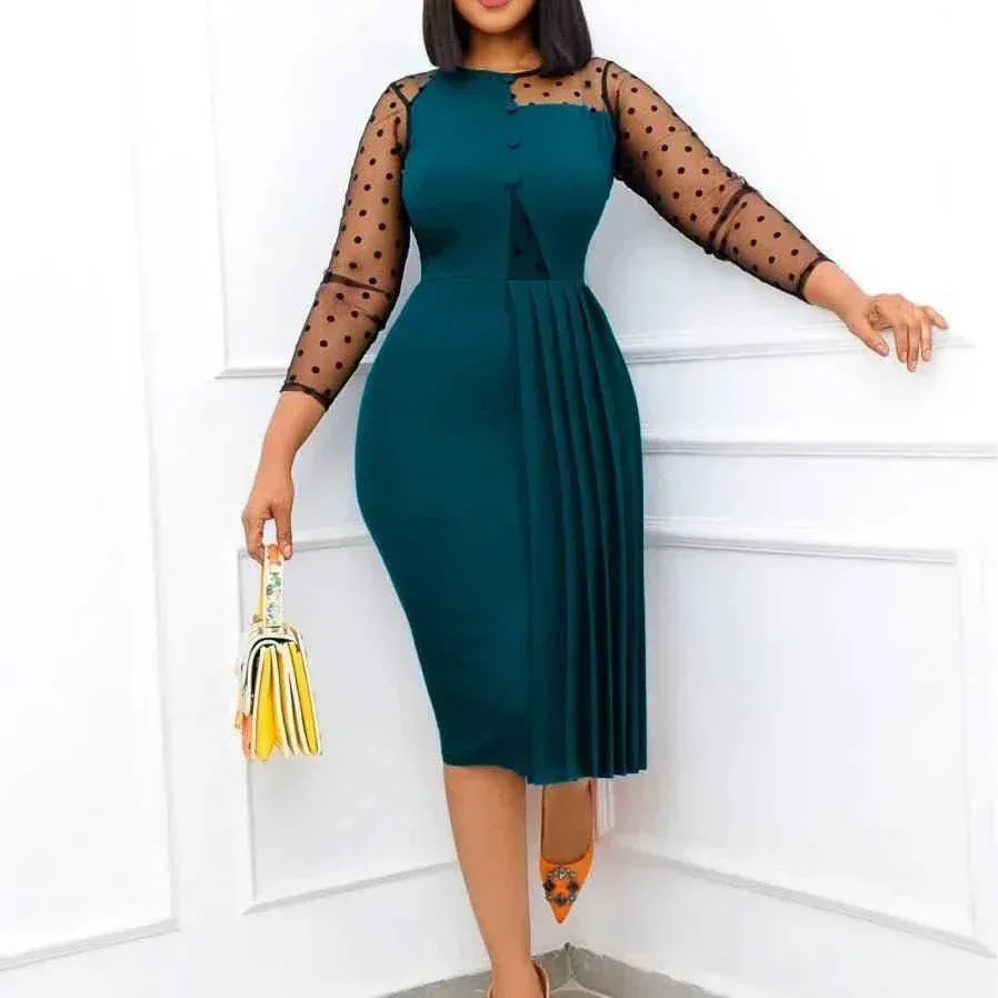 Fashion Mesh Splicing Slim Warp Hip Split Women Office Dress - Allen-Fitness