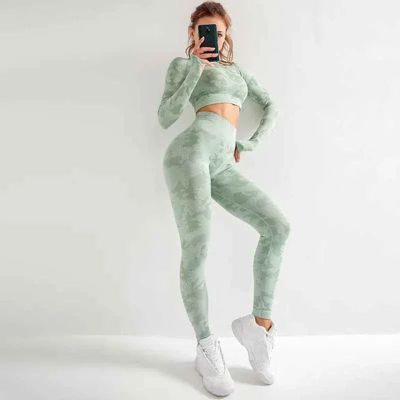Women’s Camouflage Activewear Yoga Suit - 2 Pc Backless Long Sleeve Top & Seamless Leggings Set - Workout Clothes for Women - Allen-Fitness