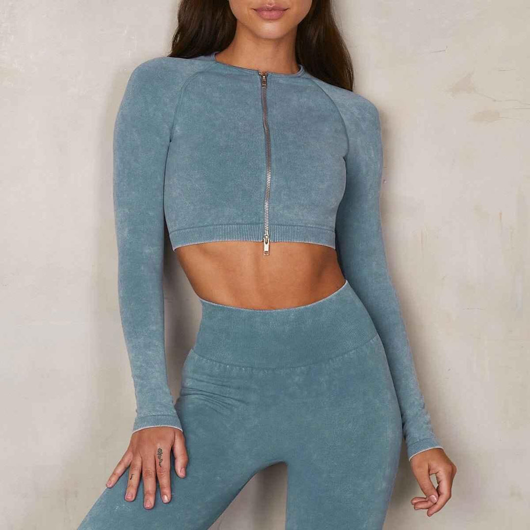 women workout zipper long sleeve tops suit halter sport bra and shorts 5 piece yoga leggings set - Allen-Fitness