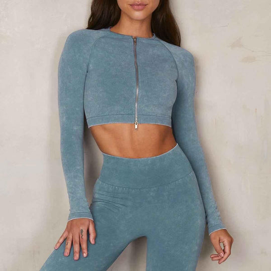 women workout zipper long sleeve tops suit halter sport bra and shorts 5 piece yoga leggings set - Allen-Fitness