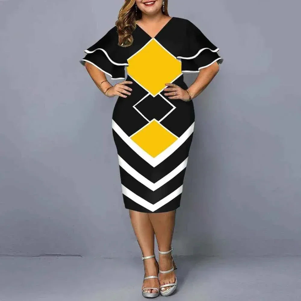 Plus size hot sales new digital printed full size women matching sleeves fall casual dress women - Allen-Fitness