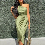 one shoulder bodycon dress satin surplice ruched casual women dress elegant - Allen-Fitness