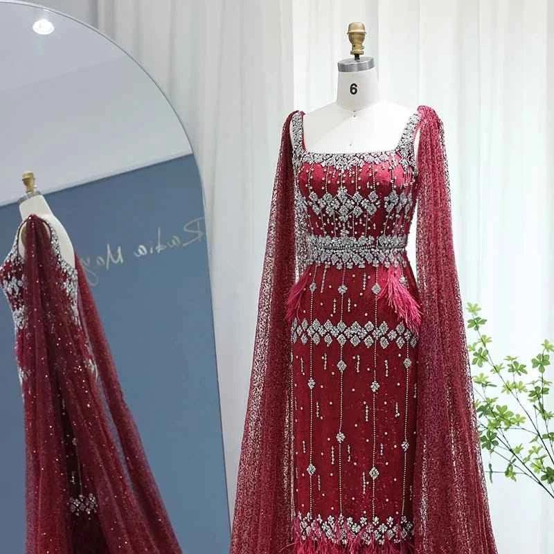 Gray Mermaid Arabic Evening Dress with Cape - Luxurious Feather Cape & Elegant Design - Women Wedding Party Dress - Allen-Fitness