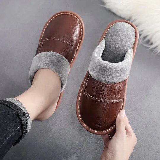 Winter genuine leather mens flip flops with custom logo leather slippers - Allen-Fitness