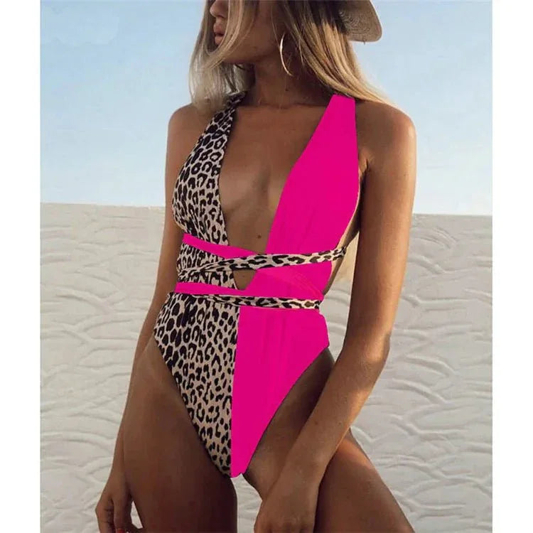 Women Fashion new style Pure color deep v Backless Sexy lace up one-piece swimwear - Allen-Fitness