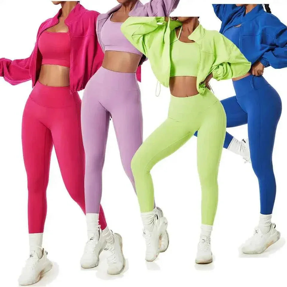 New Fitness Gym Sets 4-Piece Long Sleeve Hoodie Tracksuit Bra Leggings Workout Apparel Yoga Set for Women - Allen-Fitness