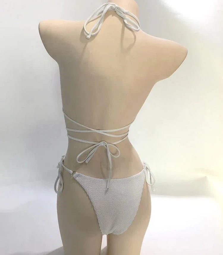 Summer Women Solid Sexy Ladies Split Nylon Swimsuit Beach Wearing Swimwear Two Piece Triangle Thong Ribbed Micro Bikini Set - Allen-Fitness