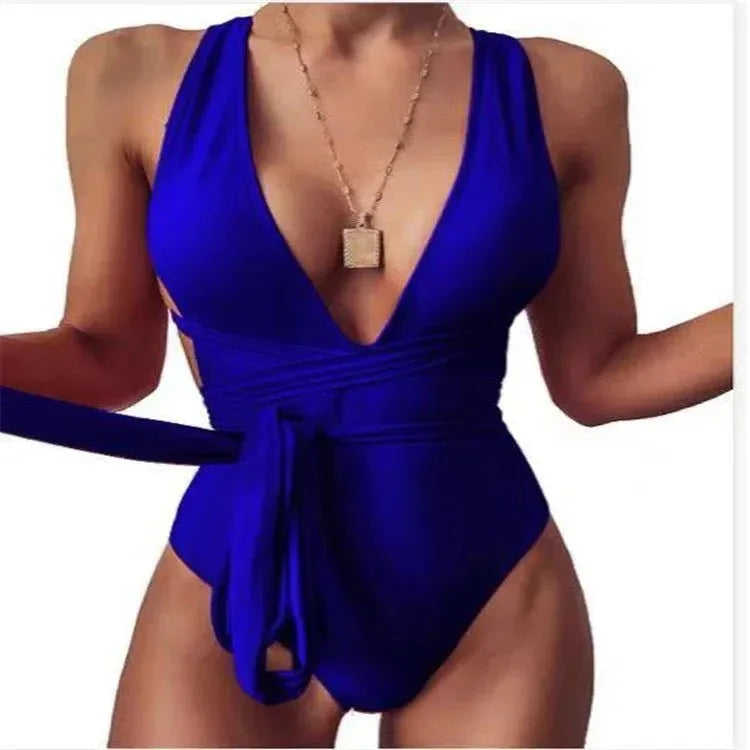 Women Fashion new style Pure color deep v Backless Sexy lace up one-piece swimwear - Allen-Fitness