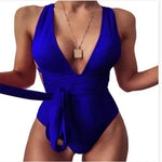 Women Fashion new style Pure color deep v Backless Sexy lace up one-piece swimwear - Allen-Fitness