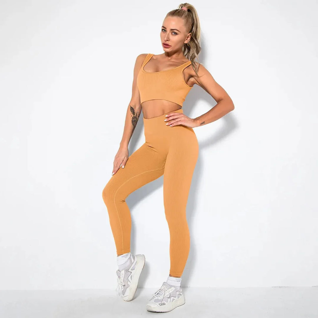 Summer Seamless Fitness Set - Sexy UV Neck Top With Leggings Activewear 2 Piece Women’s Gym Outfit - Allen-Fitness