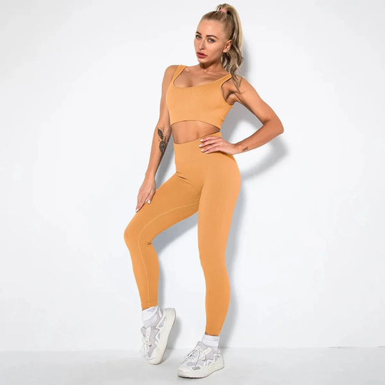 Summer Seamless Fitness Set - Sexy UV Neck Top With Leggings Activewear 2 Piece Women’s Gym Outfit - Allen-Fitness