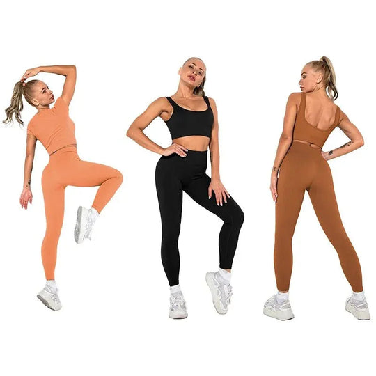 Summer Seamless Fitness Set - Sexy UV Neck Top With Leggings Activewear 2 Piece Women’s Gym Outfit - Allen-Fitness