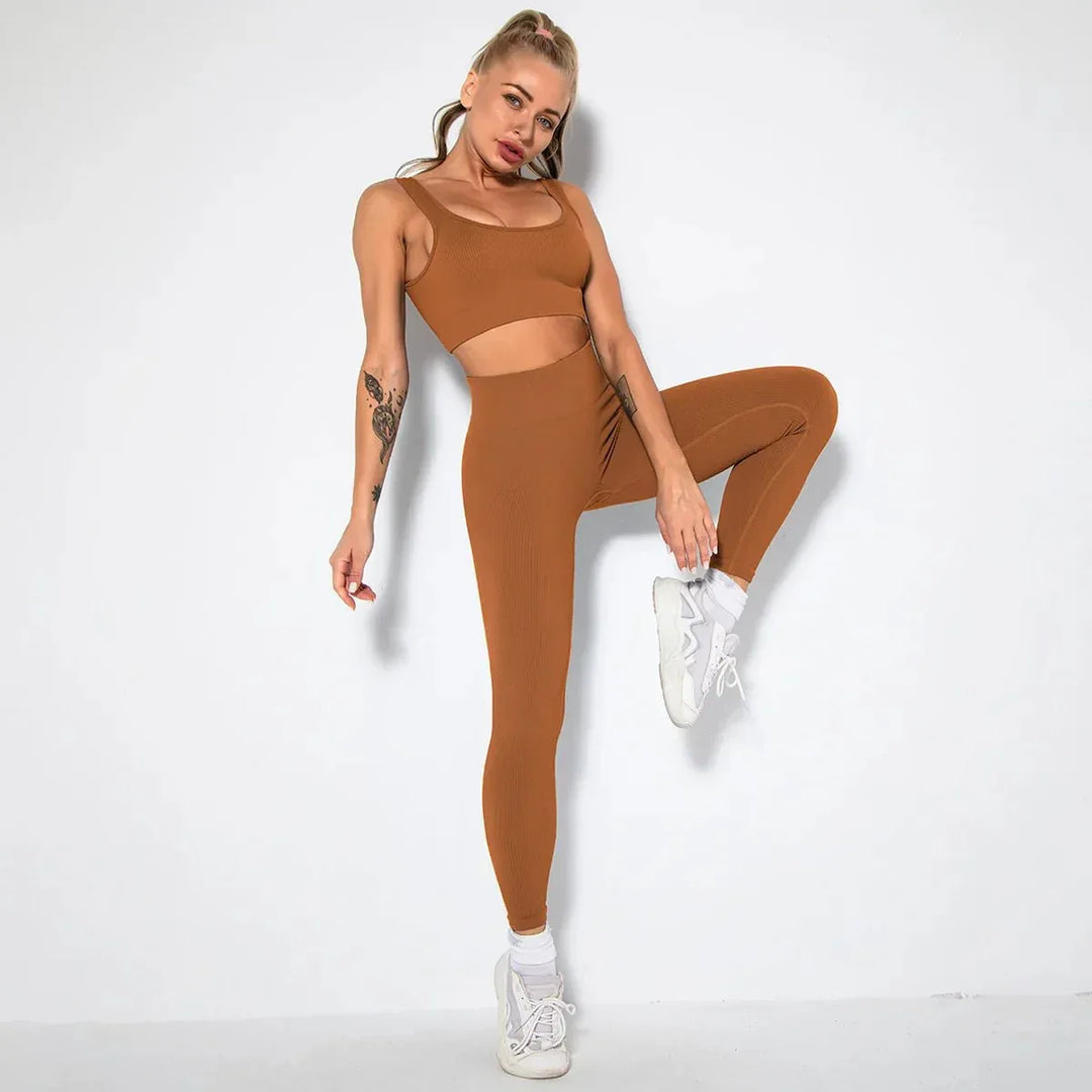 Summer Seamless Fitness Set - Sexy UV Neck Top With Leggings Activewear 2 Piece Women’s Gym Outfit - Allen-Fitness